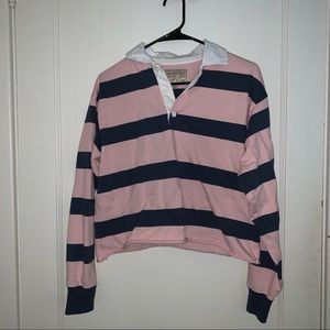 Abercrombie Navy and Pink Striped Long Sleeve Polo